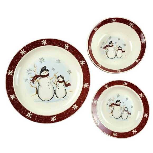 Snowman Dinner Set Snowflakes Christams Plates and Bowls Cranberry Edge JH183414 - Picture 1 of 5